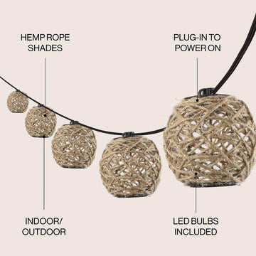 Oahu 10-Light Indoor/Outdoor 10 ft. Rustic Coastal Incandescent C7 Globe Hemp Rope Shaded String Lights - JONATHAN Y